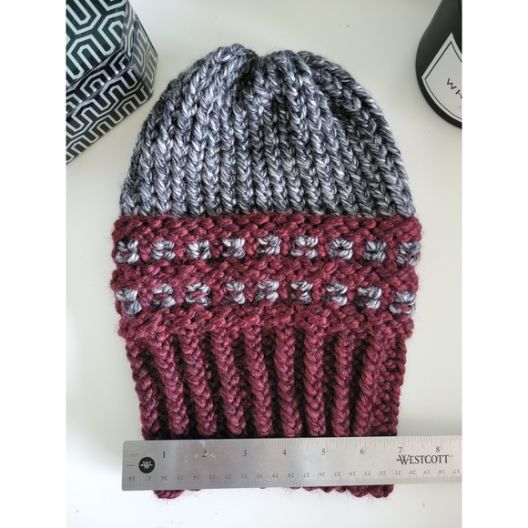 Two-Tone Waffle-Base Knit Beanie - Charcoal/Burgundy (Handmade) - Picture 9 of 12